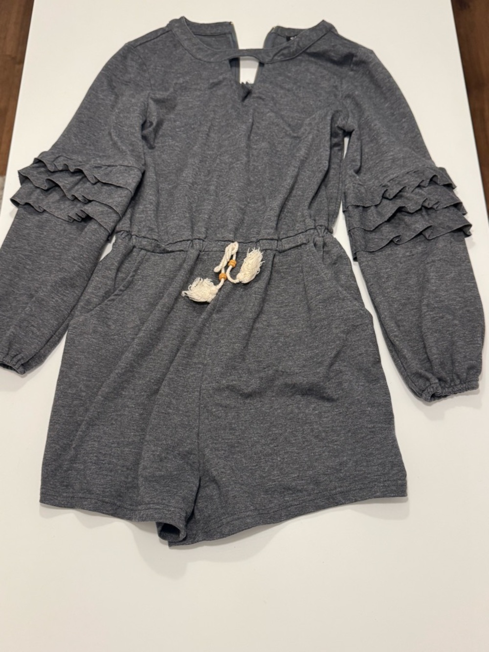 Kids Gray Ruffle-Sleeve One-Piece Romper with Tassel Tie